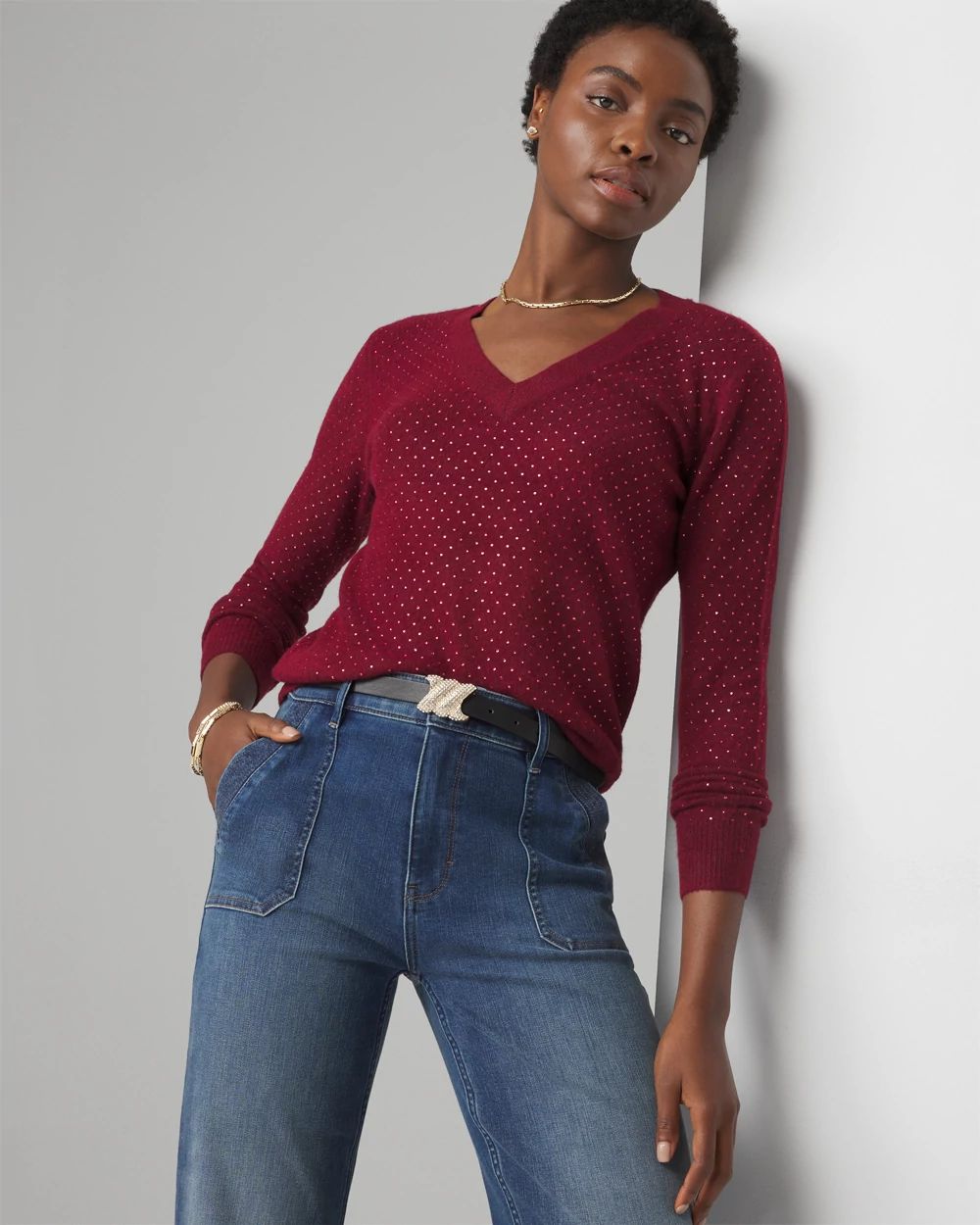 Sweater with embellished neckline sale